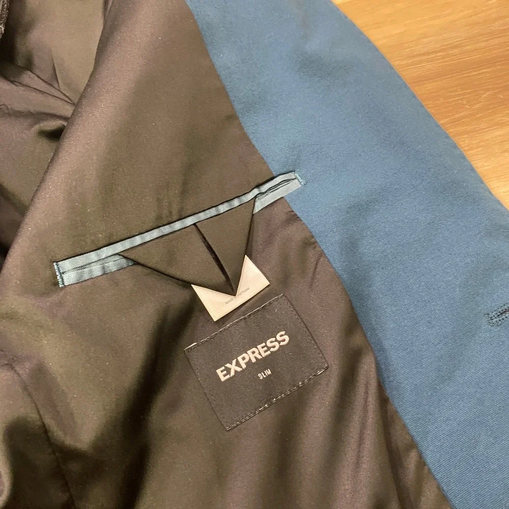 Express Suit 42L 34W Slim Fit 2-Piece Cotton Blend Stretch Teal Blue Modern